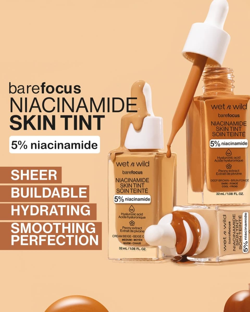 wet n wild Bare Focus Skin Tint, 5% Niacinamide Enriched, Buildable Sheer Lightweight Coverage, Natural Radiant Finish, Hyaluronic & Vitamin Hydration Boost, Cruelty-Free & Vegan-Light Medium Sand thumbnail 4