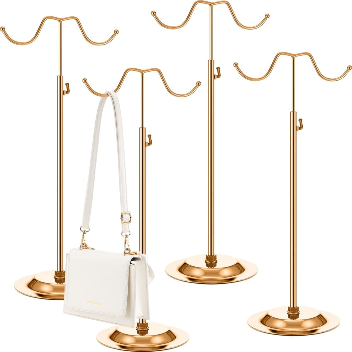Weysat 4 Pcs Purse Holder Adjustable Handbag Display Stand Double Hook Metal Bag Hanger Hat Jewelry Display Rack for Closet, Tabletop, Table, Boutique, Store, Retail Use(Rose Gold) — image 1