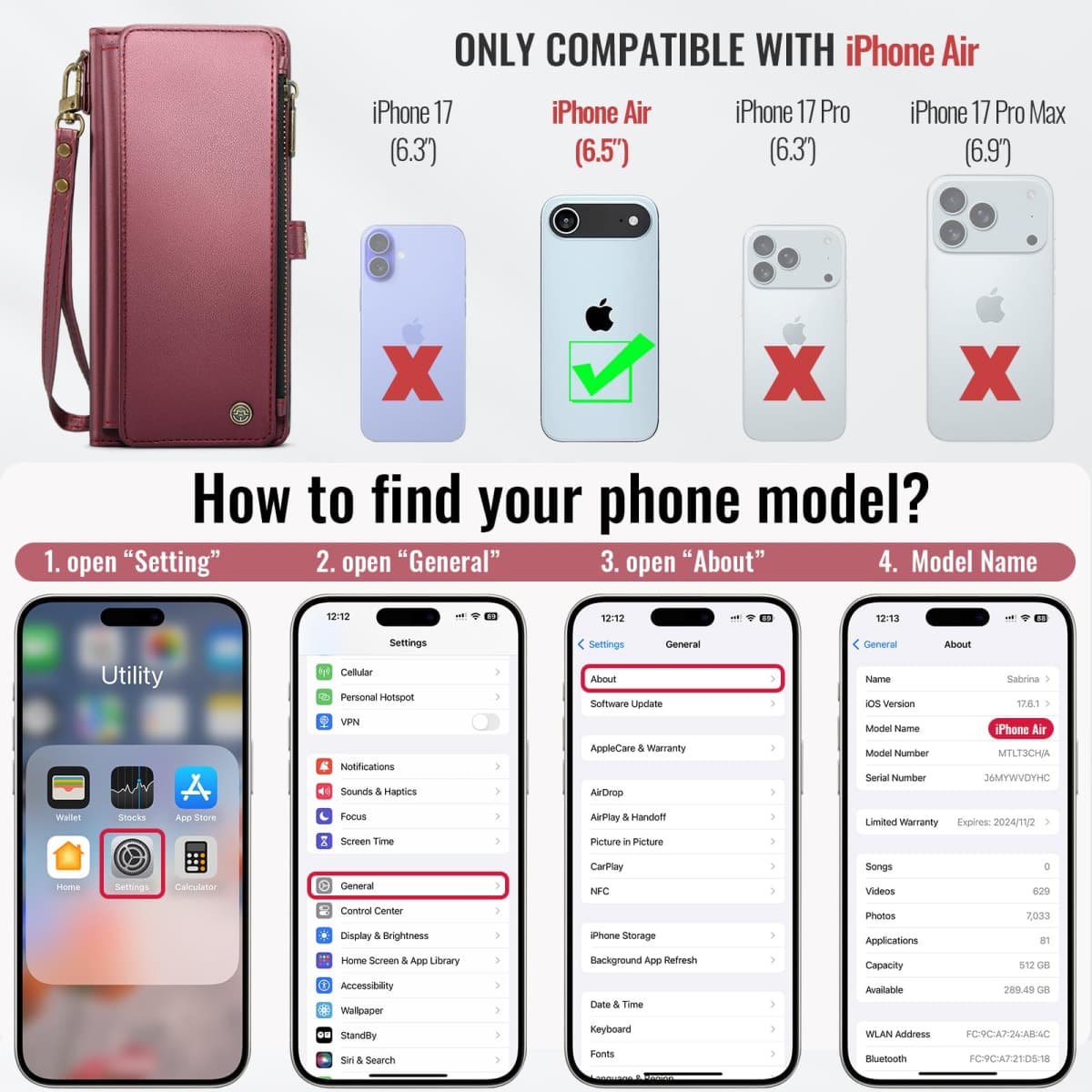 Defencase Compatible with iPhone Air Case Wallet with RFID Blocking Card Holder for Women Men, Fashion PU Leather Magnetic Snap Flip Zipper Strap Wallet Phone Case for iPhone 17 Air 6.5", Wine Red thumbnail 2