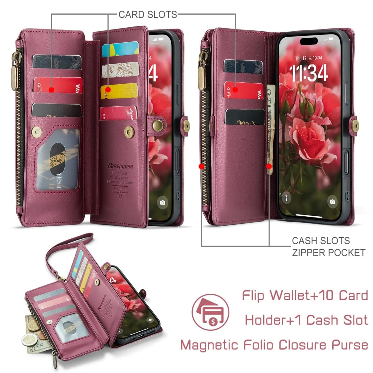 Defencase Compatible with iPhone Air Case Wallet with RFID Blocking Card Holder for Women Men, Fashion PU Leather Magnetic Snap Flip Zipper Strap Wallet Phone Case for iPhone 17 Air 6.5", Wine Red thumbnail 3