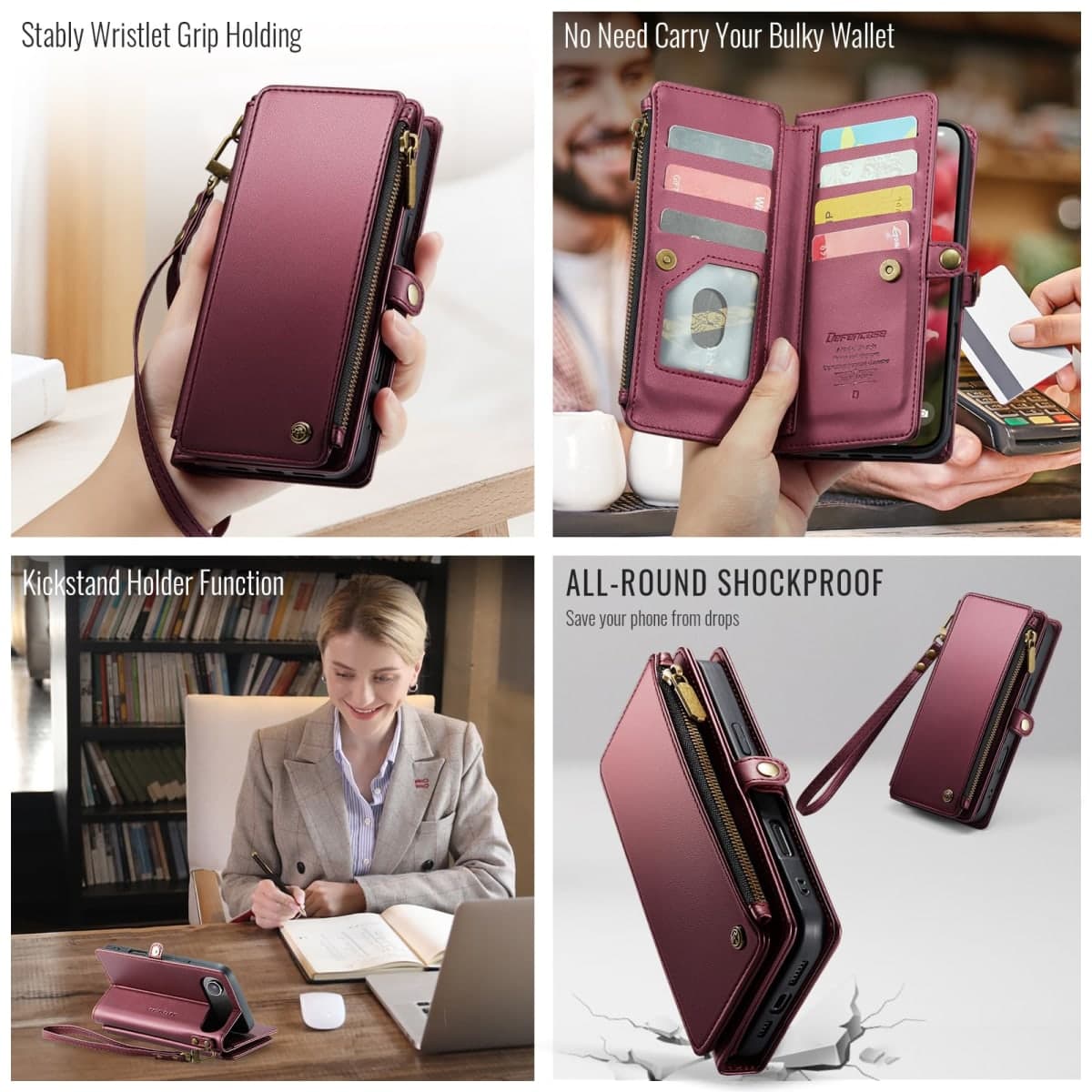 Defencase Compatible with iPhone Air Case Wallet with RFID Blocking Card Holder for Women Men, Fashion PU Leather Magnetic Snap Flip Zipper Strap Wallet Phone Case for iPhone 17 Air 6.5", Wine Red thumbnail 4