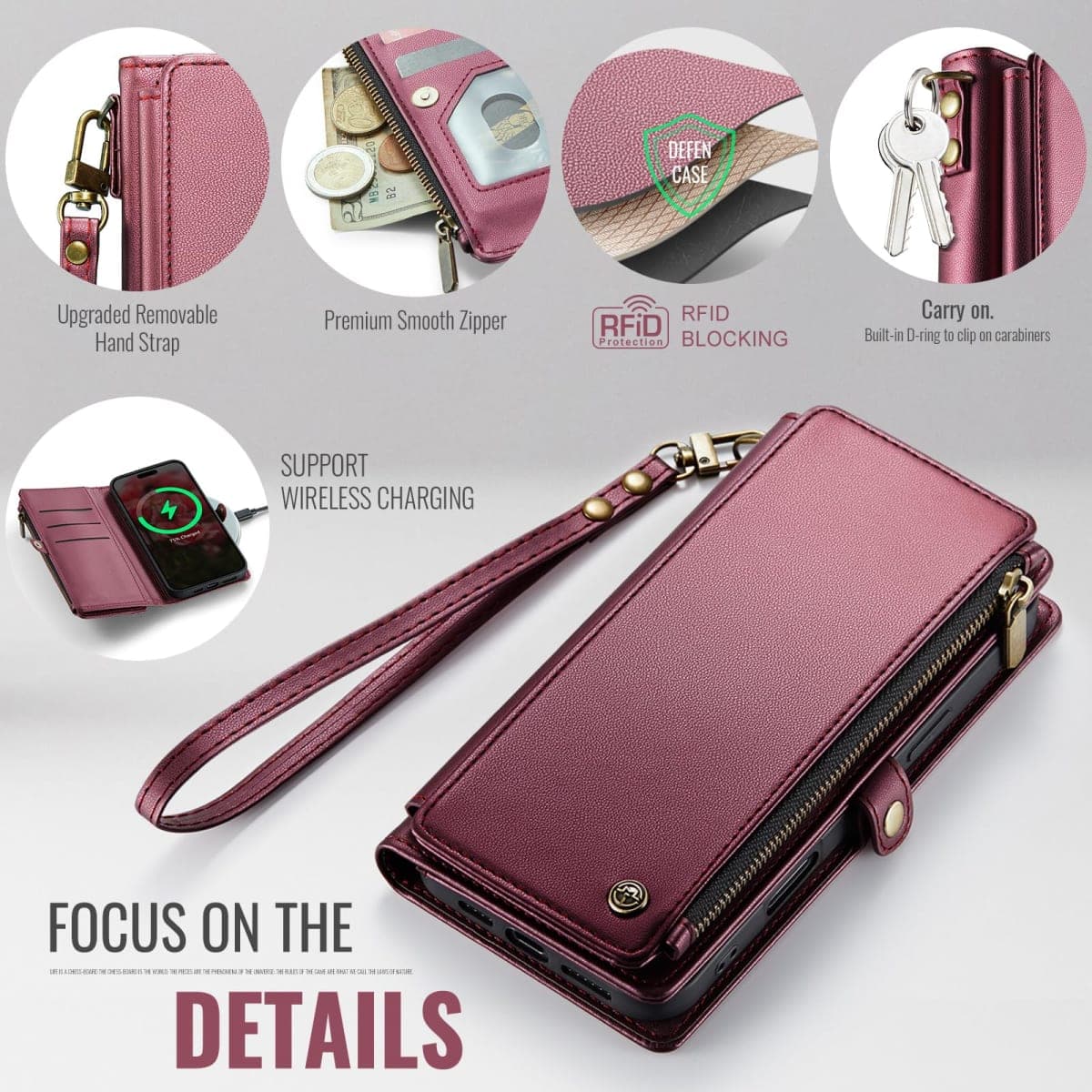 Defencase Compatible with iPhone Air Case Wallet with RFID Blocking Card Holder for Women Men, Fashion PU Leather Magnetic Snap Flip Zipper Strap Wallet Phone Case for iPhone 17 Air 6.5", Wine Red thumbnail 5