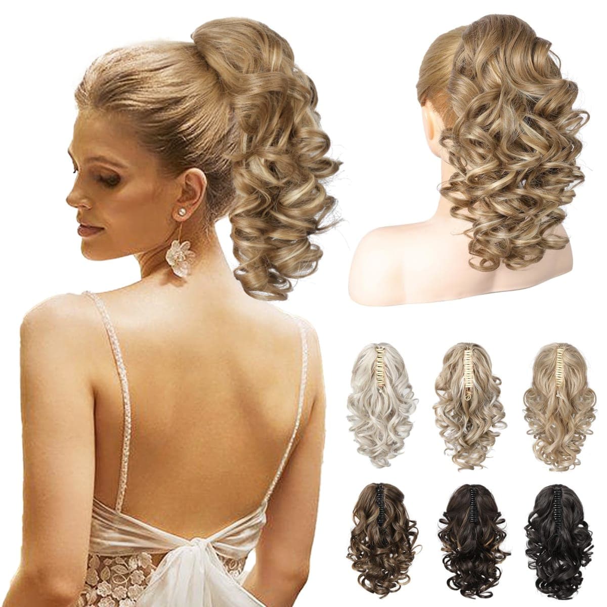 REECHO Ponytail Extensions Classic Curly Wavy Hair Claw Clip Ponytail Hairpieces for Women Dark Blonde Highlighted 12 Inch — image 1