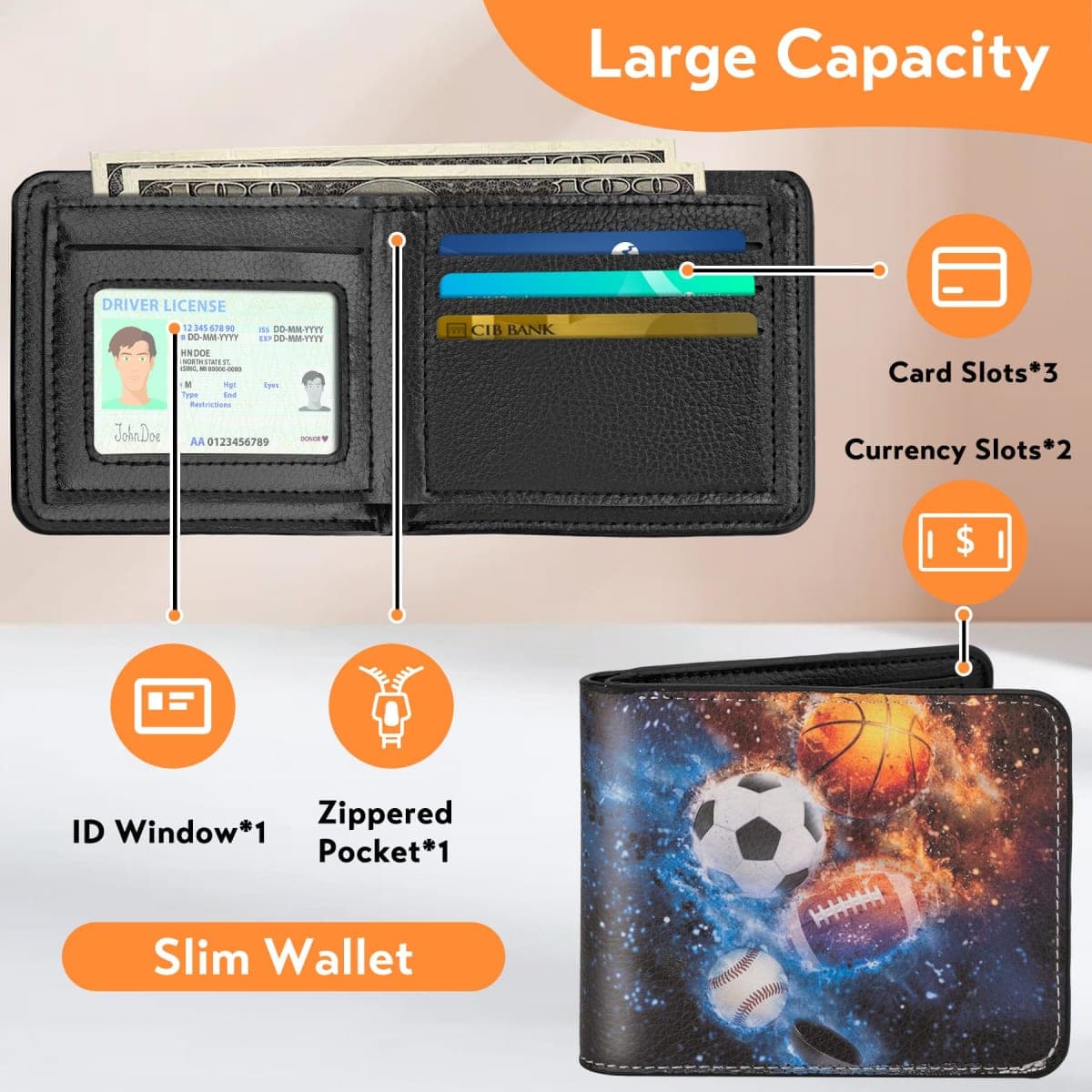 bipkonu Boys Wallet, Balls-Night Sky, Lightweight thumbnail 3