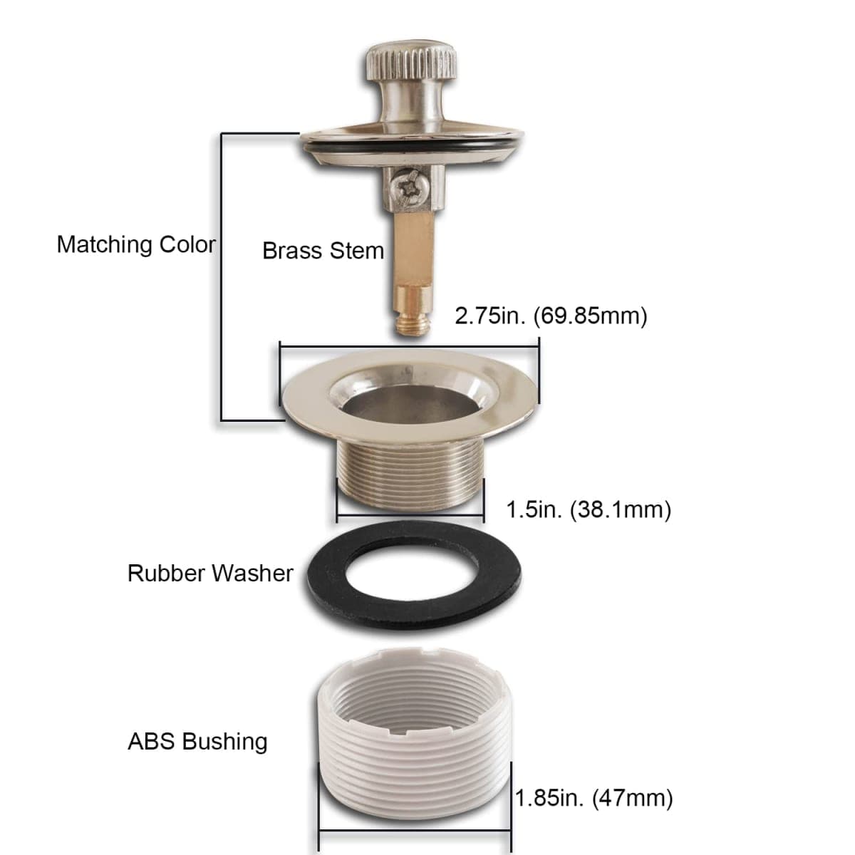 CalcMetal Lift and Turn Bathtub Drain Stopper with ABS Plastic Bushing, Fits in 1-1/2 Inch or 1-3/8 Inch Inner Bathtub Shoe, Easy to Install, Satin Nickel thumbnail 4