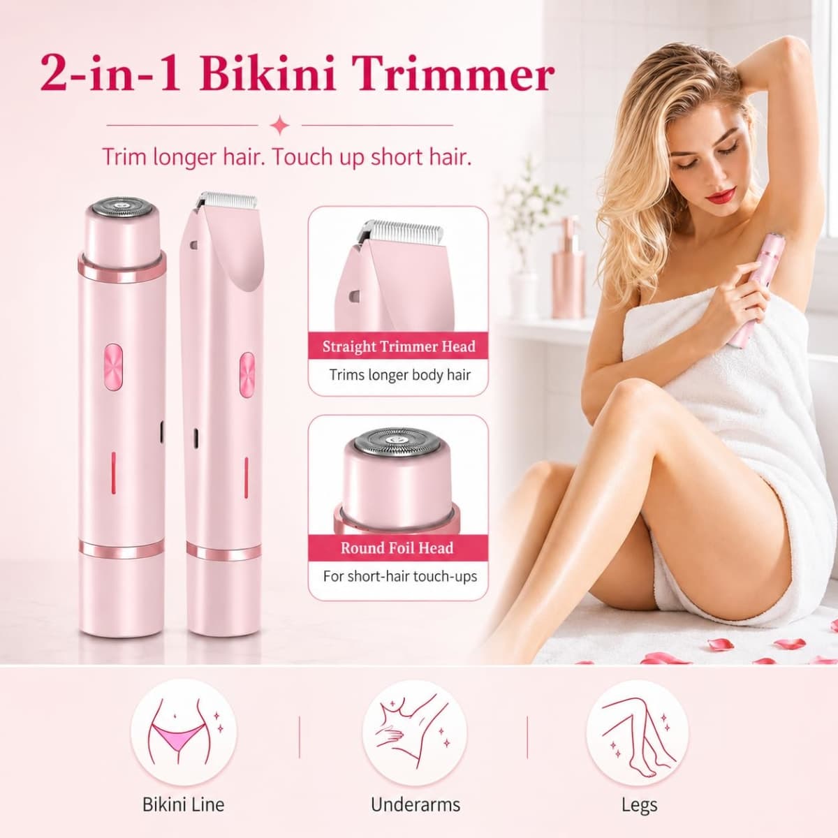 RIYUETAN Bikini Trimmer for Women, 2-in-1 Electric Razor with Dual Heads, IPX7 Waterproof Wet/Dry Body Groomer for Bikini Line, Underarms, Legs & Face, Rechargeable Cordless Shaver thumbnail 2