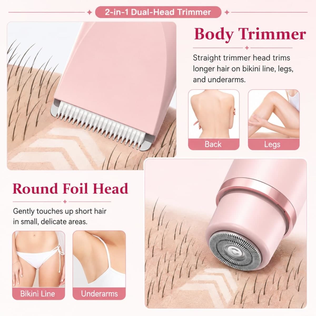 RIYUETAN Bikini Trimmer for Women, 2-in-1 Electric Razor with Dual Heads, IPX7 Waterproof Wet/Dry Body Groomer for Bikini Line, Underarms, Legs & Face, Rechargeable Cordless Shaver thumbnail 4