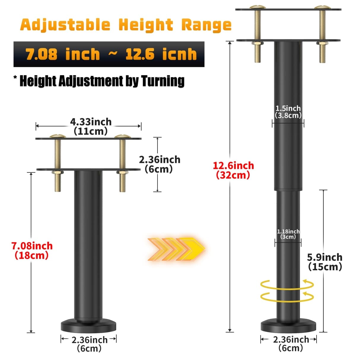 Wlrrcwdttc 6 Pcs Adjustable Height Bed Support Legs 7.08-12.6 inch, Bed Frame Center Support Legs for Bed Frame/Bed Center Slat/Furniture, Heavy Duty Metal Bed Replacement Legs Bed Slats Support Legs thumbnail 2