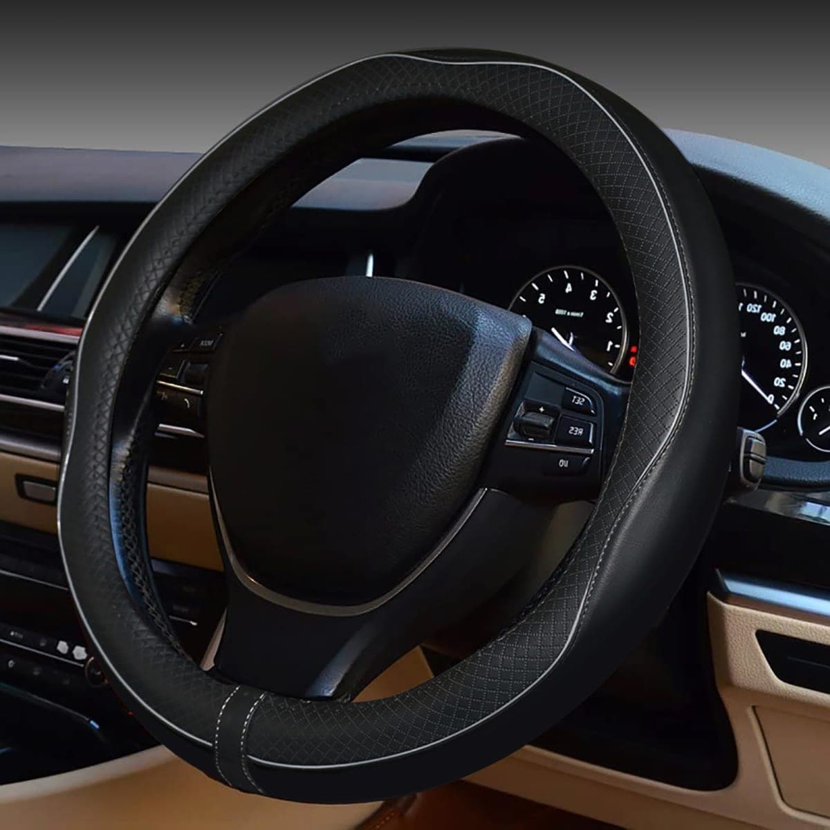 ESEWALAS Universal Car Steering Wheel Cover,Anti-Slip Leather Steering Wheel Cover,Sports Style Steering Wheel Protector,Car Interior Accessories Auto Steering Wheel Covers (Black with Gray) — image 1