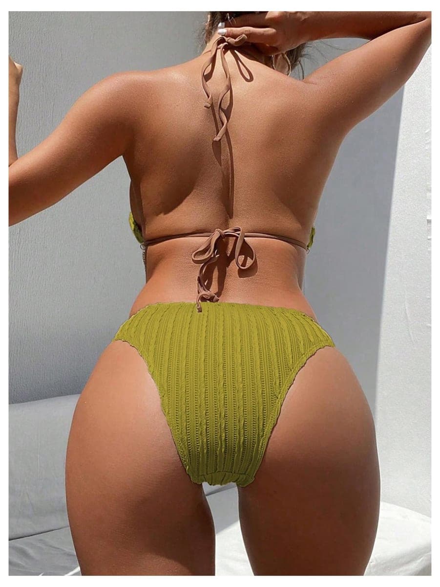 OYOANGLE Women's Ring Linked Cut Out One Piece Swimsuits Textured Tie Backless Halter Bathing Suit Monokini, Green, Medium thumbnail 2