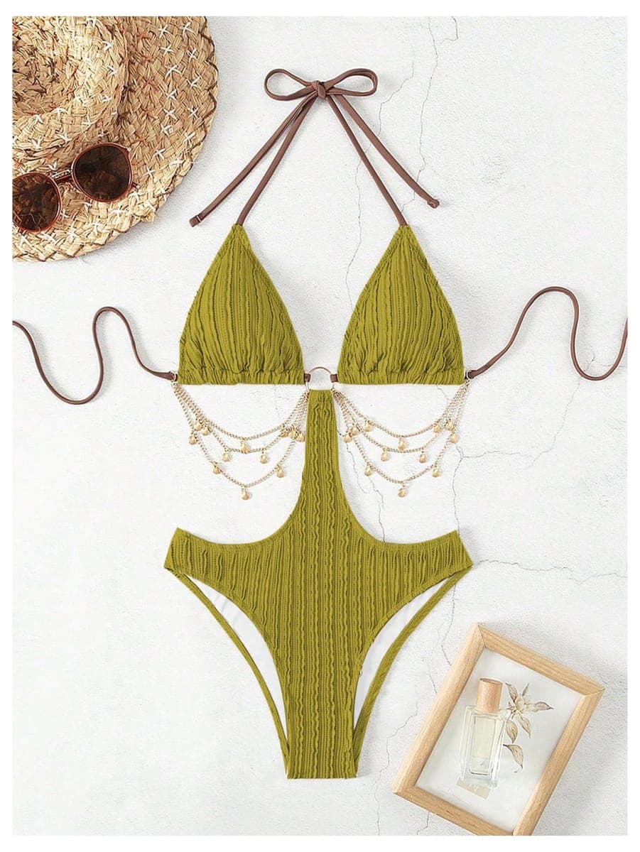 OYOANGLE Women's Ring Linked Cut Out One Piece Swimsuits Textured Tie Backless Halter Bathing Suit Monokini, Green, Medium thumbnail 3