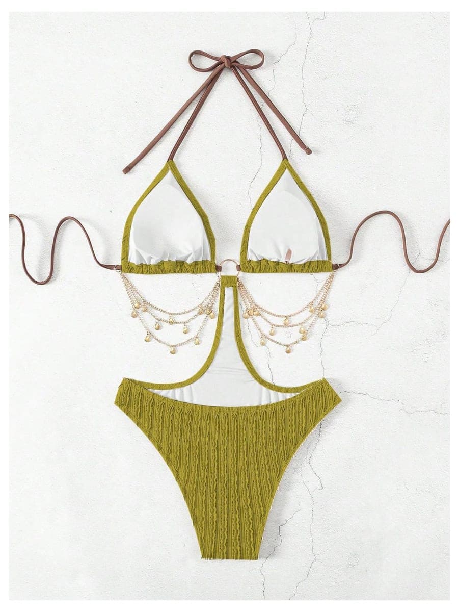OYOANGLE Women's Ring Linked Cut Out One Piece Swimsuits Textured Tie Backless Halter Bathing Suit Monokini, Green, Medium thumbnail 4