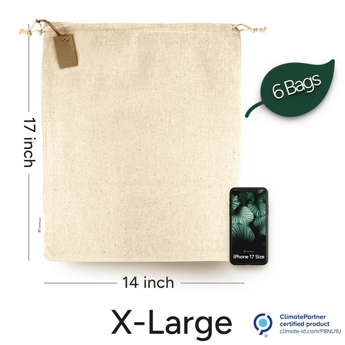 LEAFICO Cotton Storage Bags with Drawstrings X-Large 14x17 Multipurpose 6 Pcs - Canvas Fabric Bread Bags - Bulk Food Produce - Reusable Muslin - Natural Potato Onion Storage Bags - Cloth Shoe Bags thumbnail 2