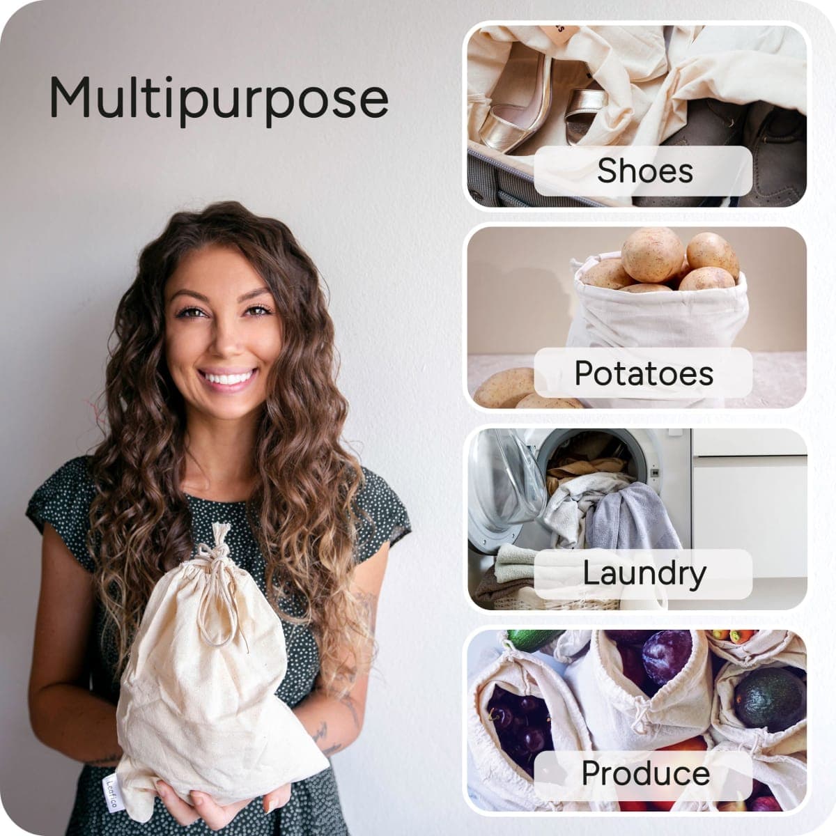 LEAFICO Cotton Storage Bags with Drawstrings X-Large 14x17 Multipurpose 6 Pcs - Canvas Fabric Bread Bags - Bulk Food Produce - Reusable Muslin - Natural Potato Onion Storage Bags - Cloth Shoe Bags thumbnail 3