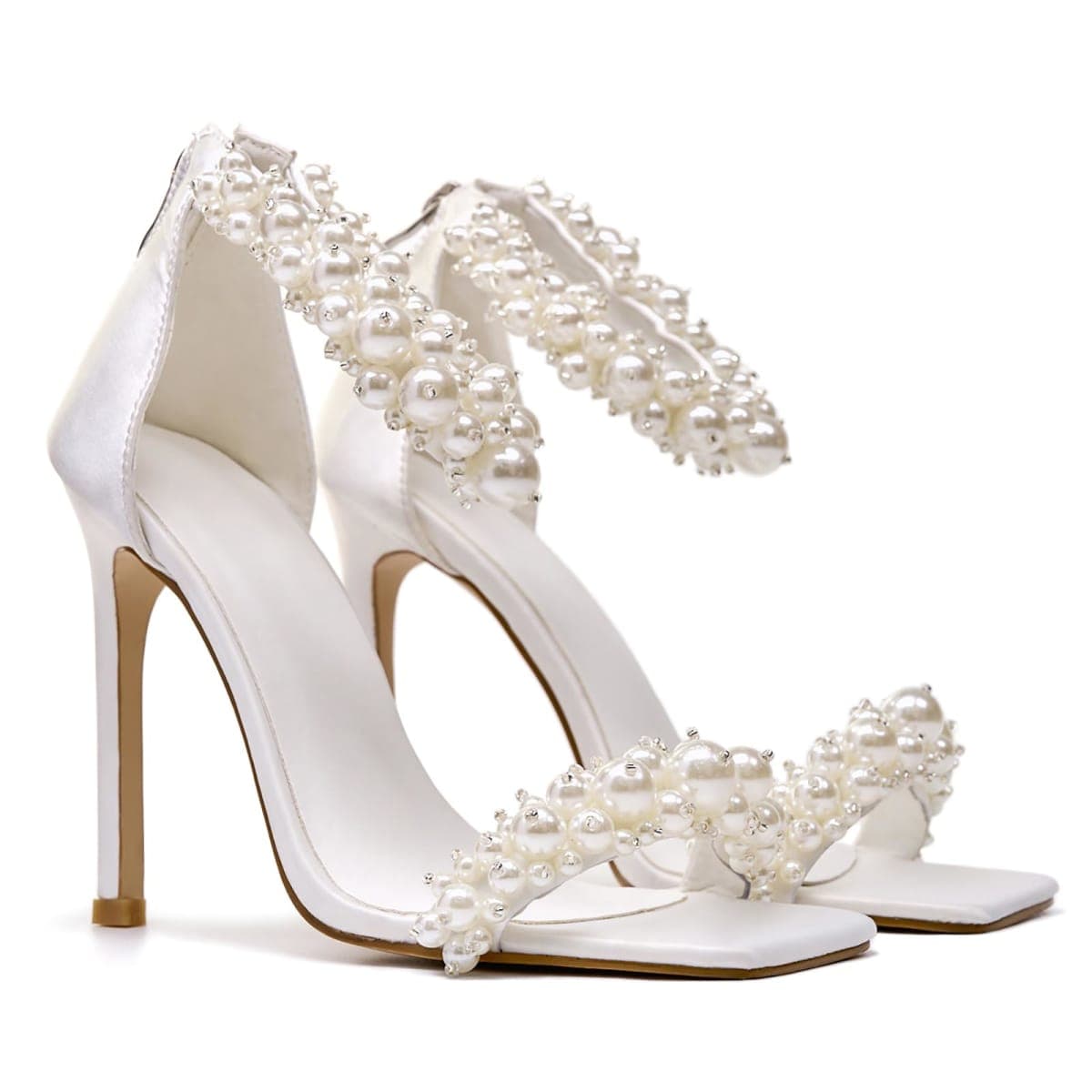driceic Women's Pearl Stiletto Heels Sandals Open Square Toe Pumps High Heels Ankle Back Zipper Satin Prom Wedding Sexy Back Zipper Cover Party Dressy for Women Heeled, White, 11 thumbnail 2