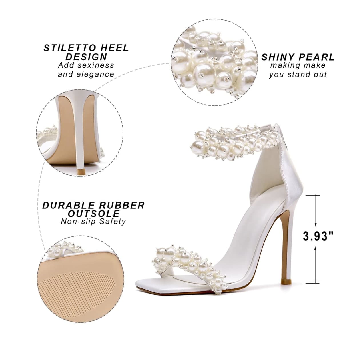 driceic Women's Pearl Stiletto Heels Sandals Open Square Toe Pumps High Heels Ankle Back Zipper Satin Prom Wedding Sexy Back Zipper Cover Party Dressy for Women Heeled, White, 11 thumbnail 4