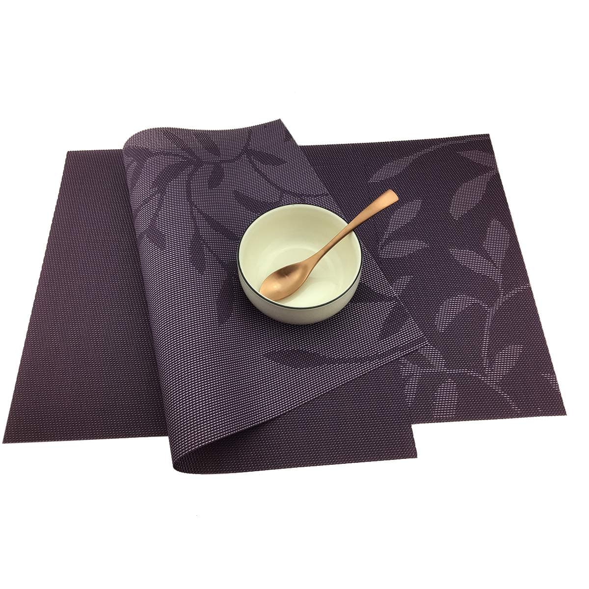 Gugrida Place Mats PVC Set of 6, Table Placemats Set of 6 PVC Washable Woven Vinyl Place Mats Heat Insulation Top Meal Mat Table Mats Natural Color (6 pcs, Purple Leaves) thumbnail 5