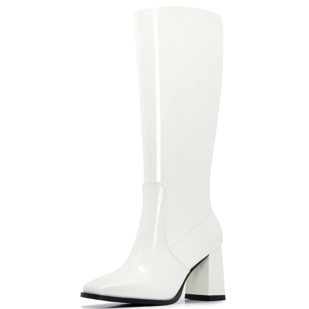 Aizhenzm Knee-High Boots for Women - Wide Calf Boots with Zipper, Square Toe Tall Leather Boots, Chunky Heel Fashion Long Boots, White/Patent, 7 Wide — image 1