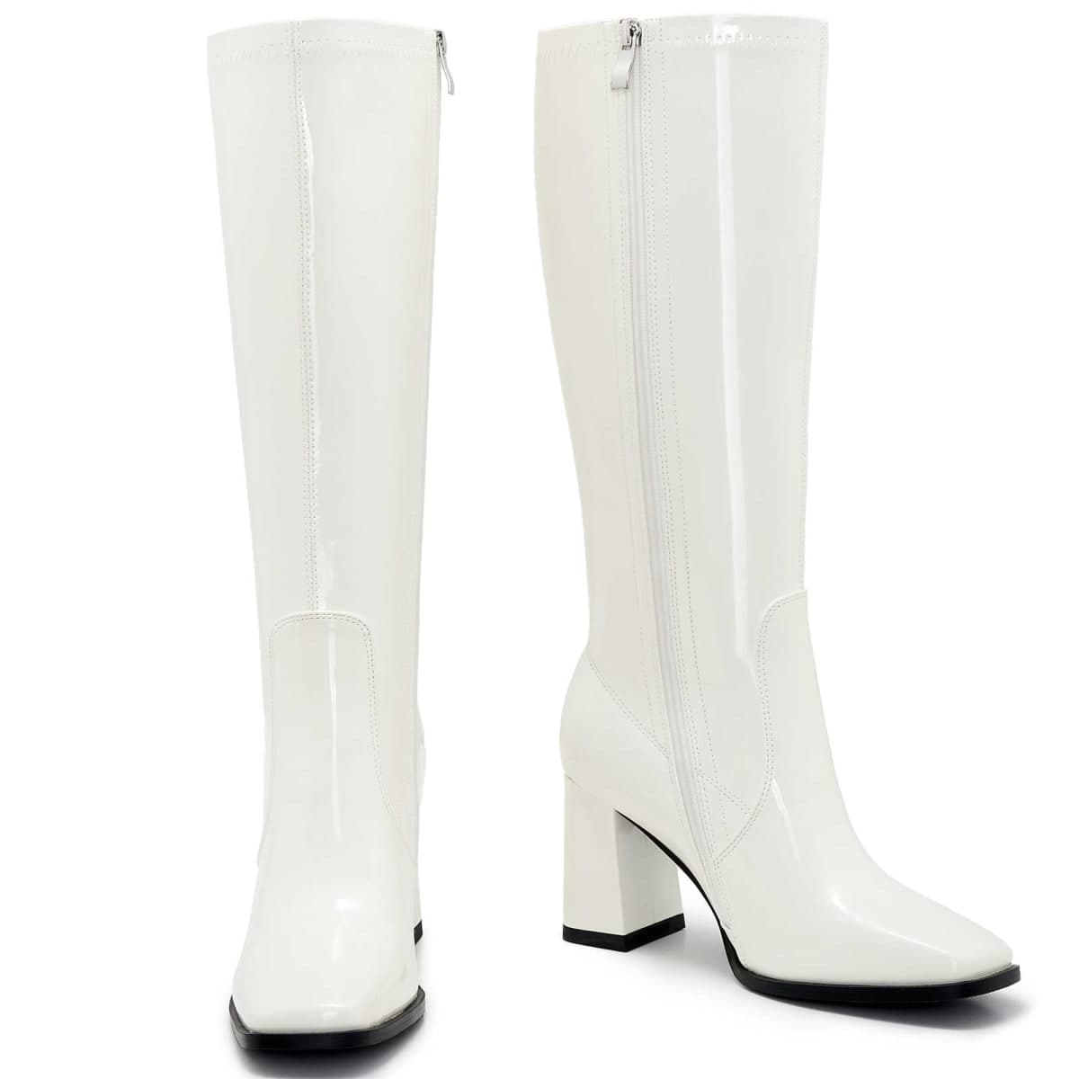 Aizhenzm Knee-High Boots for Women - Wide Calf Boots with Zipper, Square Toe Tall Leather Boots, Chunky Heel Fashion Long Boots, White/Patent, 7 Wide thumbnail 2