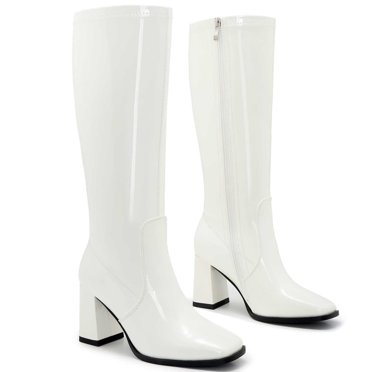 Aizhenzm Knee-High Boots for Women - Wide Calf Boots with Zipper, Square Toe Tall Leather Boots, Chunky Heel Fashion Long Boots, White/Patent, 7 Wide thumbnail 3