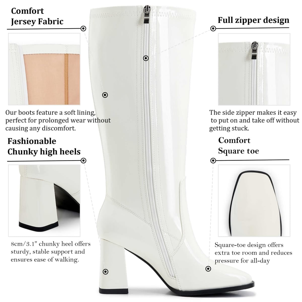 Aizhenzm Knee-High Boots for Women - Wide Calf Boots with Zipper, Square Toe Tall Leather Boots, Chunky Heel Fashion Long Boots, White/Patent, 7 Wide thumbnail 4