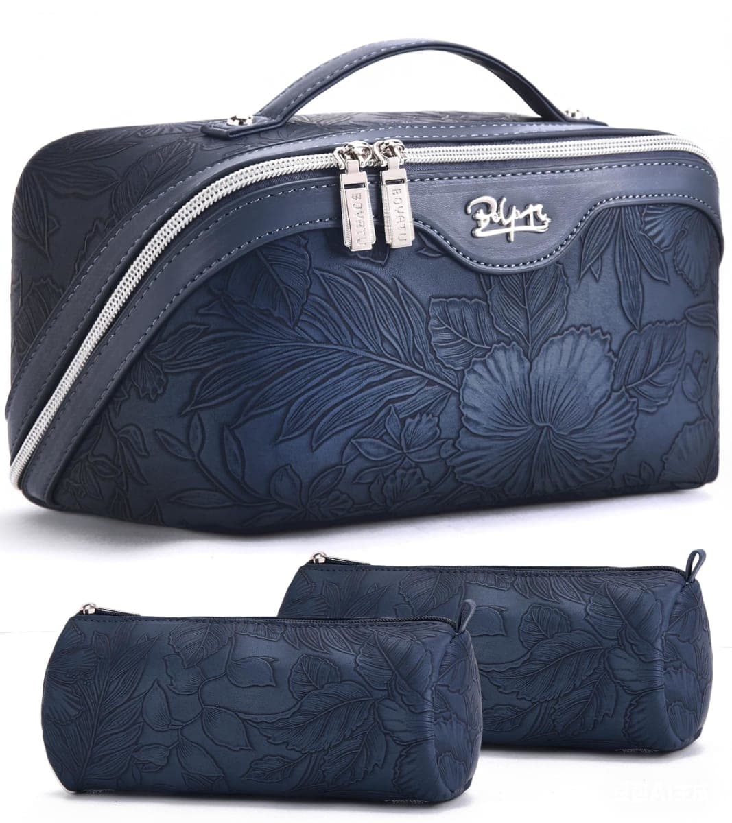BOYATU Travel Makeup Bags Cosmetic Organizer Bag: 3-Set Large Capacity Make up Bag - PU Leather Toiletry Bags for Women - Wide Open Portable Pouch with Divider & Handle (02-Dark Blue) — image 1
