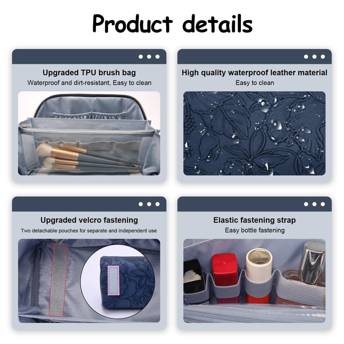 BOYATU Travel Makeup Bags Cosmetic Organizer Bag: 3-Set Large Capacity Make up Bag - PU Leather Toiletry Bags for Women - Wide Open Portable Pouch with Divider & Handle (02-Dark Blue) thumbnail 4