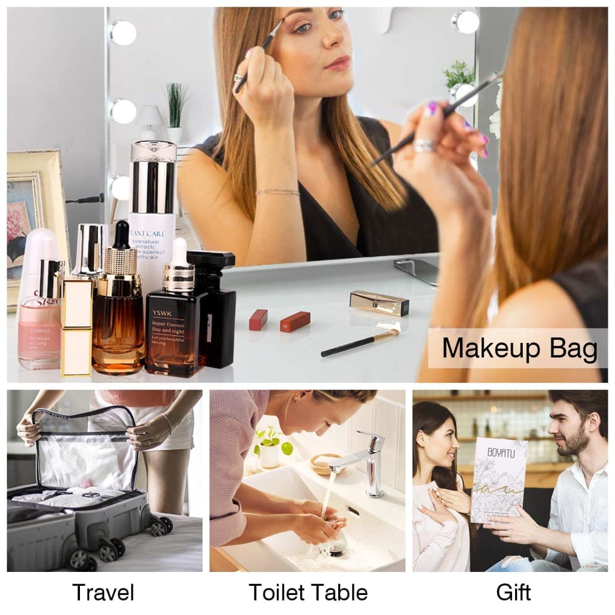 BOYATU Travel Makeup Bags Cosmetic Organizer Bag: 3-Set Large Capacity Make up Bag - PU Leather Toiletry Bags for Women - Wide Open Portable Pouch with Divider & Handle (02-Dark Blue) thumbnail 5