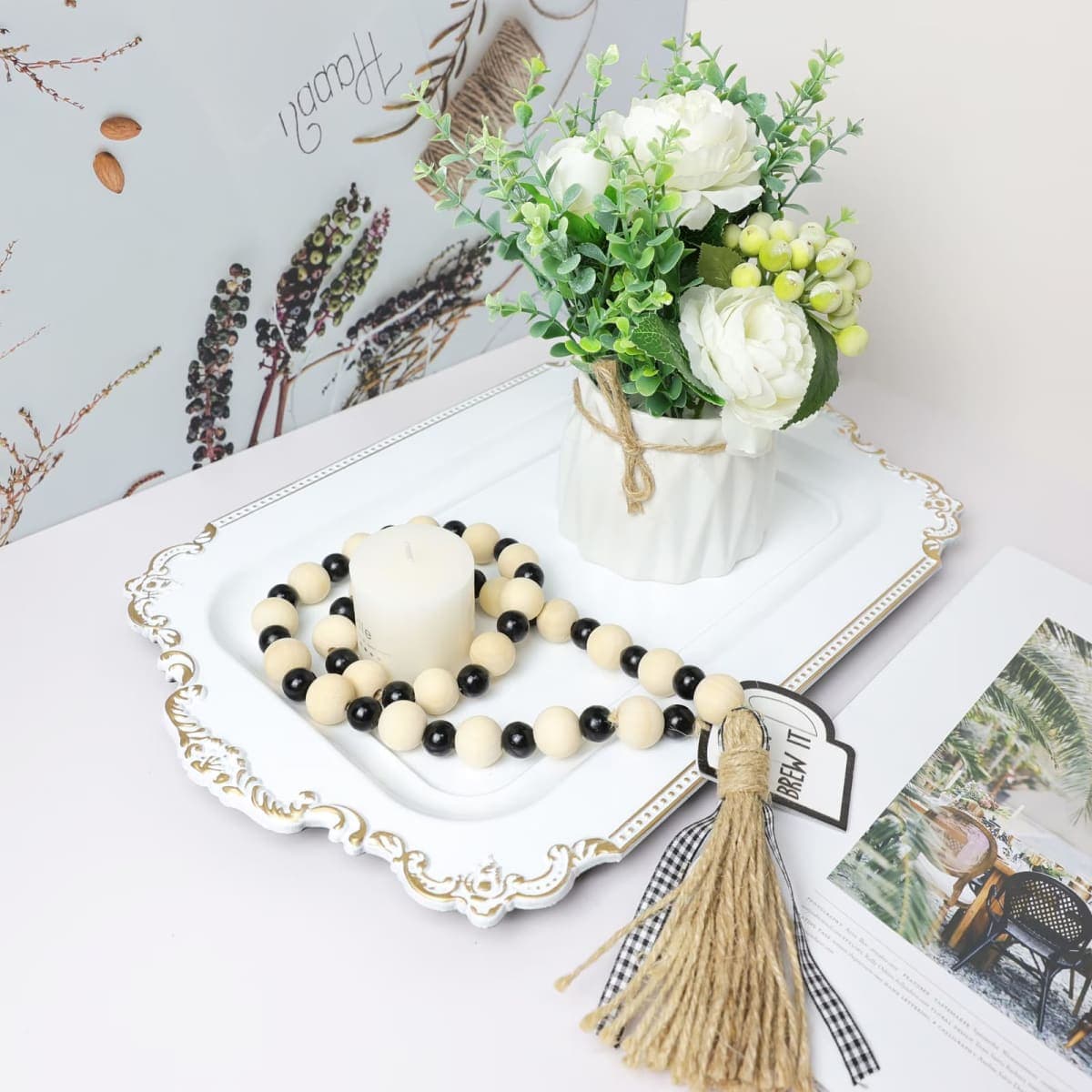 Leemxiiny 2 Pcs White Vintage Decorative Trays with Gold Rim, Serving Tray for Table Centerpiece Decor, Coffee Table, Living Room thumbnail 2