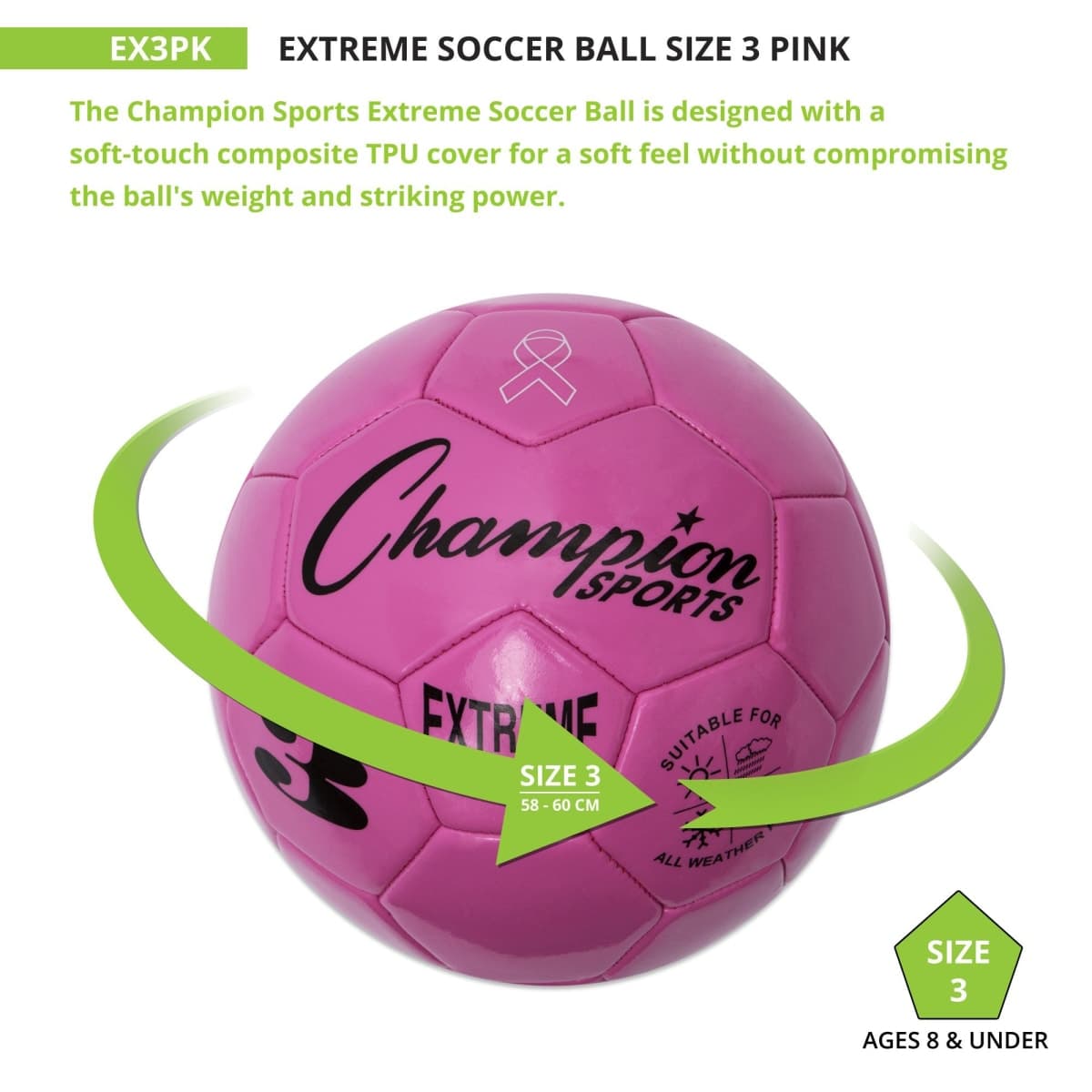 Champion Sports Extreme Series Soccer Ball, Size 3 - Youth League, All Weather, Soft Touch, Maximum Air Retention - Kick Balls for Kids Under 8 - Competitive and Recreational Futbol Games, Pink thumbnail 3