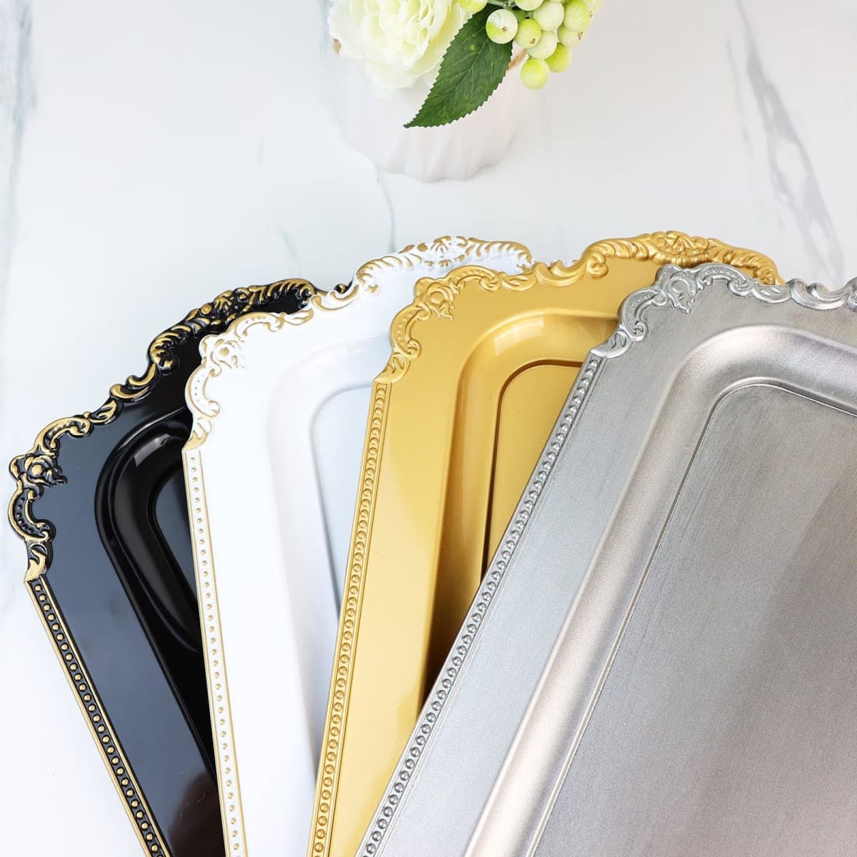 Leemxiiny 2 Pcs White Vintage Decorative Trays with Gold Rim, Serving Tray for Table Centerpiece Decor, Coffee Table, Living Room thumbnail 3