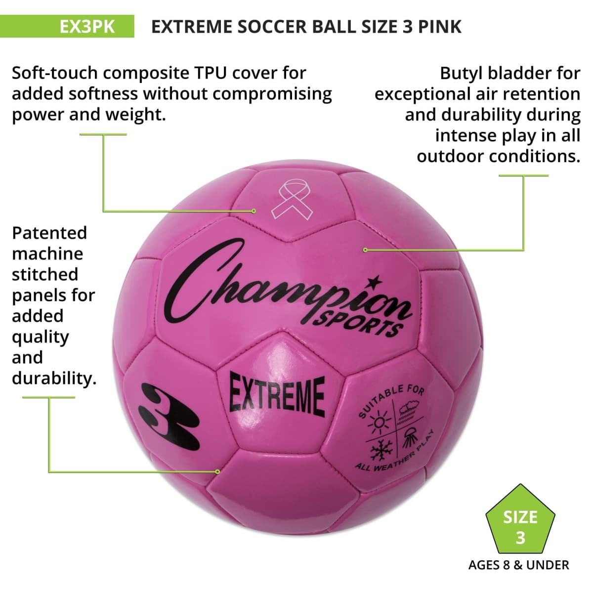 Champion Sports Extreme Series Soccer Ball, Size 3 - Youth League, All Weather, Soft Touch, Maximum Air Retention - Kick Balls for Kids Under 8 - Competitive and Recreational Futbol Games, Pink thumbnail 4