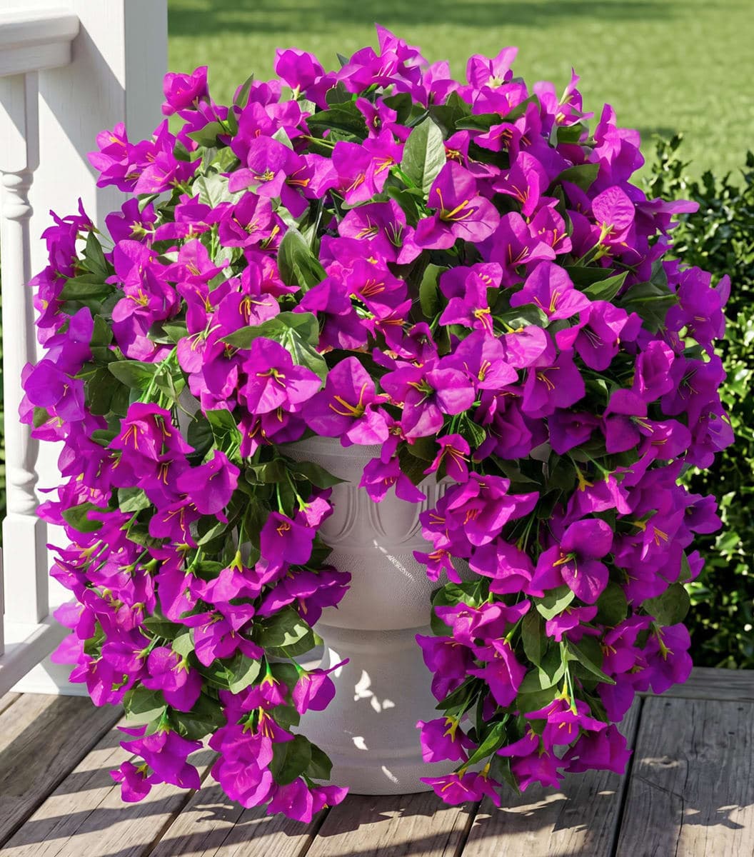 Faux Bougainvillea Artificial Flowers Plants for Outdoors Outside Decoration, 2 pcs Purple Fake Flowers UV Resistant Look Real Silk Long Trailing Vines for Front Door Porch Planter Urn Patio Garden — image 1