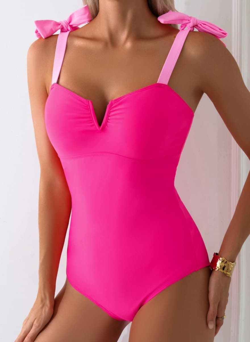 Aleumdr Women's One Piece Bathing Suit Color Block Swimsuit Tummy Control Swimwear V Neck Adjustable Straps Monokini Slimming Modest Swimwear Rose Red Medium thumbnail 2