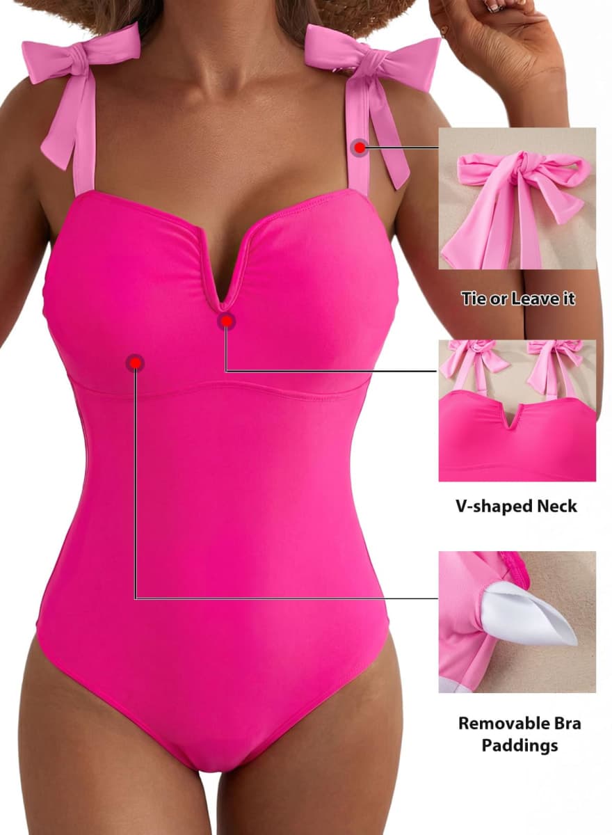 Aleumdr Women's One Piece Bathing Suit Color Block Swimsuit Tummy Control Swimwear V Neck Adjustable Straps Monokini Slimming Modest Swimwear Rose Red Medium thumbnail 5