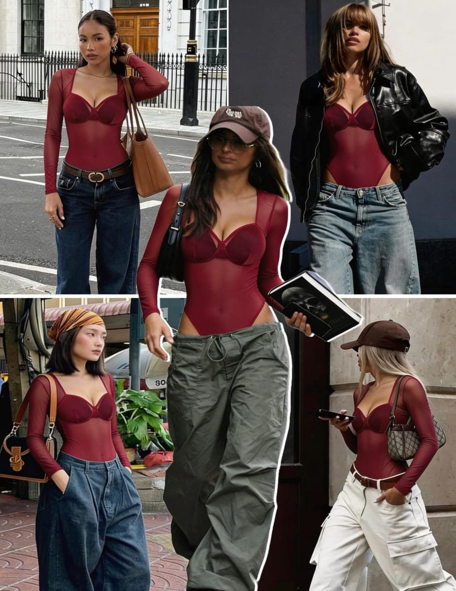 Avidlove Mesh Bodysuits for Women Long Sleeve Body Suits Leopard Print Going Out Tops Sheer Rave Outfits with Snap Crotch, Wine Red, Small thumbnail 2