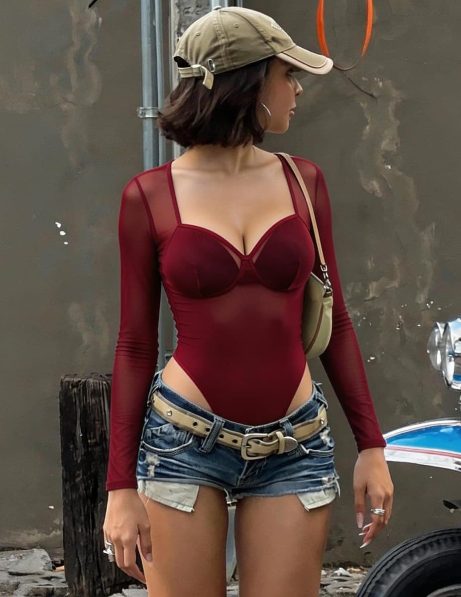 Avidlove Mesh Bodysuits for Women Long Sleeve Body Suits Leopard Print Going Out Tops Sheer Rave Outfits with Snap Crotch, Wine Red, Small thumbnail 3