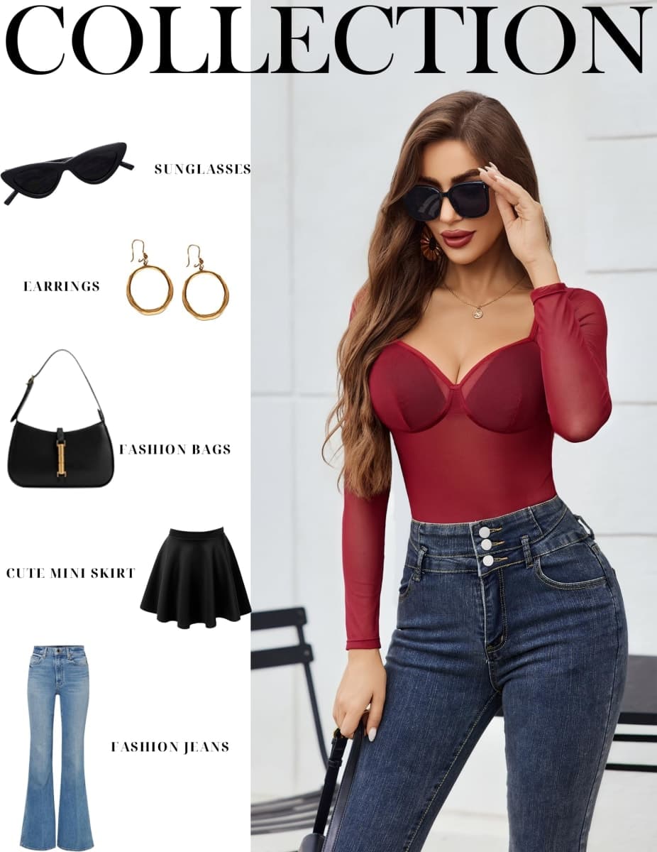 Avidlove Mesh Bodysuits for Women Long Sleeve Body Suits Leopard Print Going Out Tops Sheer Rave Outfits with Snap Crotch, Wine Red, Small thumbnail 5