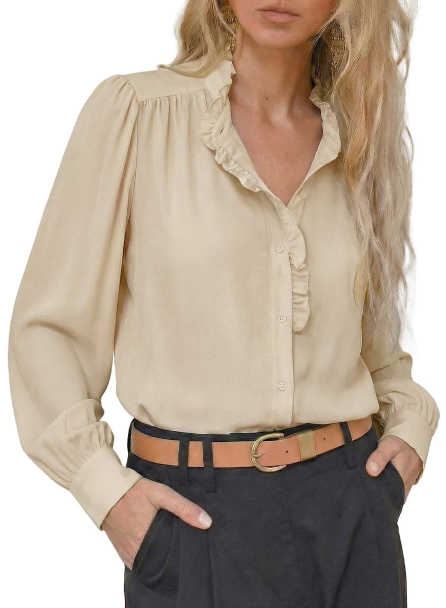 Astylish Women's Plus Size Long Puff Sleeve Ruffle V Neck Chiffon Frill Collar Blouses Solid Button Down Shirts Summer Tops Trendy Flowy Lightweight Office Casual Fashion Clothing Beige XX-Large — image 1