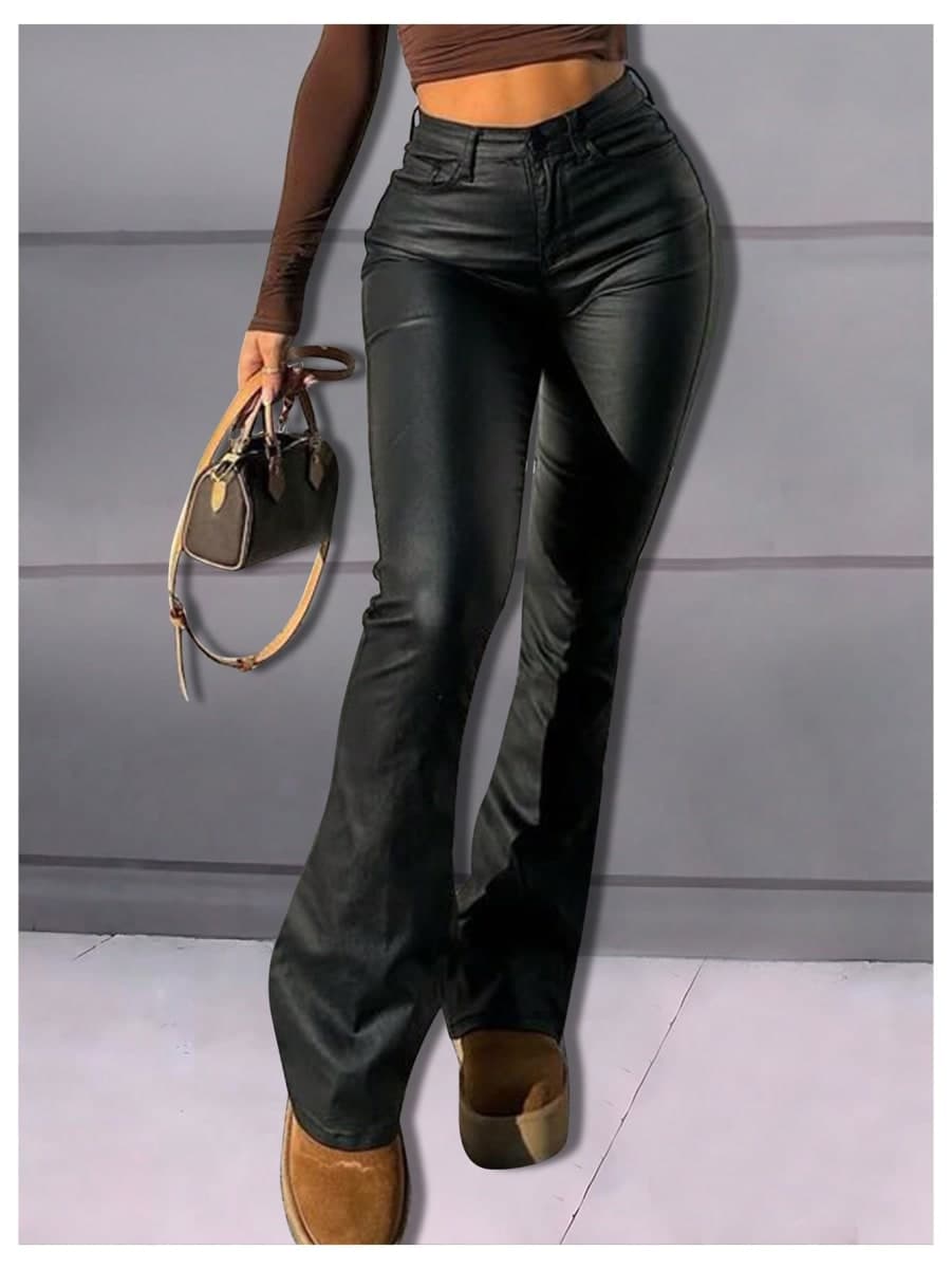 WDIRARA Women's Faux Leather Flare Pants High Waisted Stretchy Bootcut Trousers, Black, Small thumbnail 2
