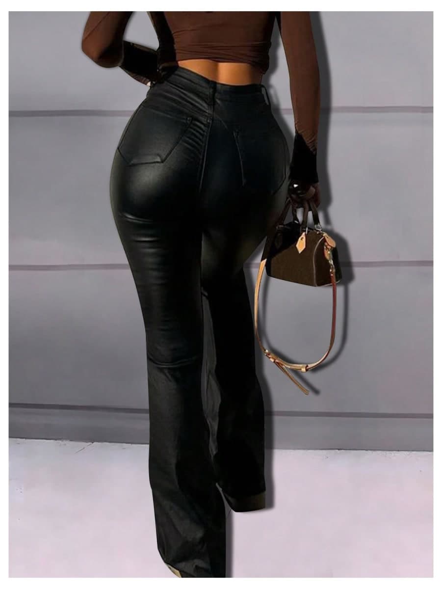 WDIRARA Women's Faux Leather Flare Pants High Waisted Stretchy Bootcut Trousers, Black, Small thumbnail 4