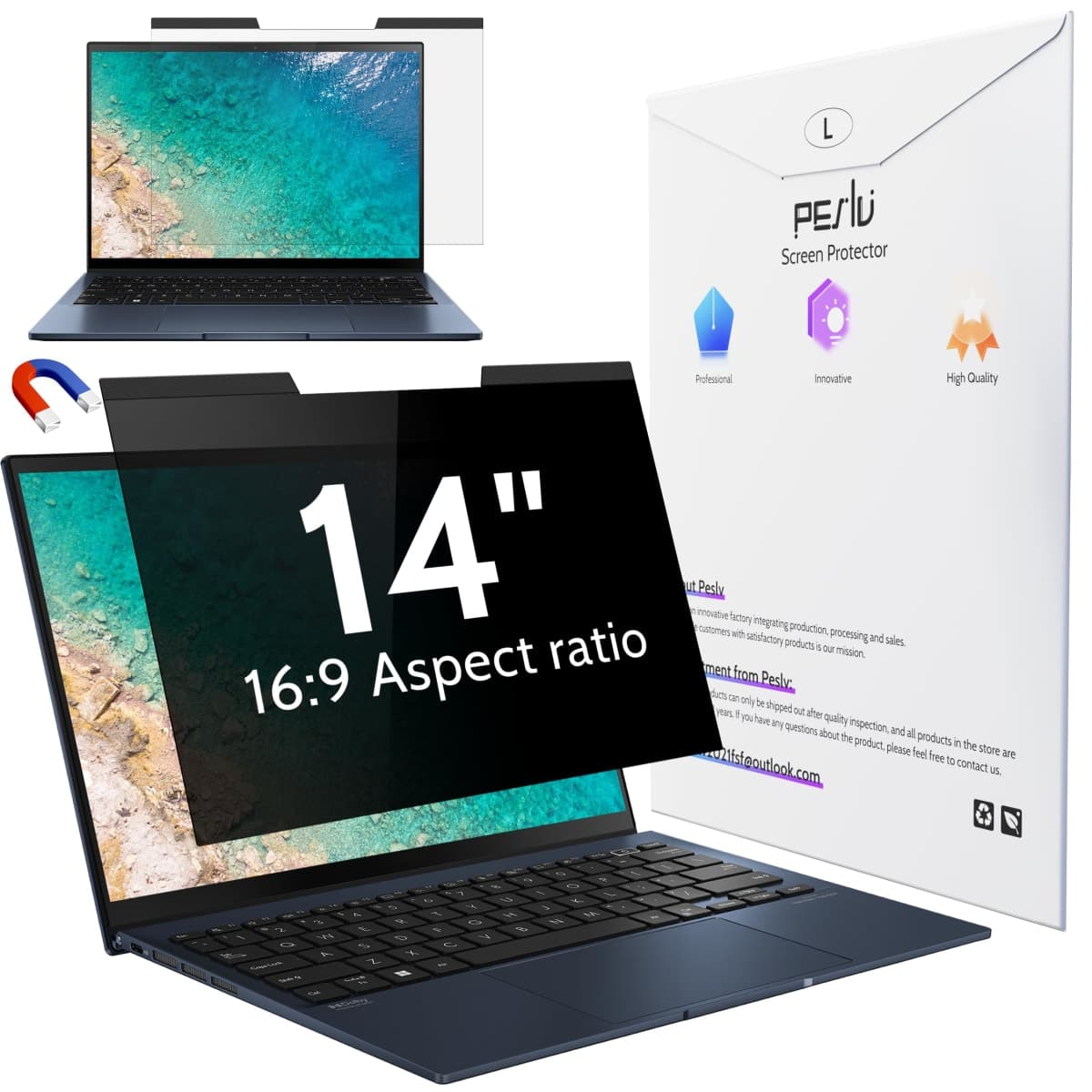 Peslv Magnetic Laptop Privacy Screen 14 inch for 16:9 Computer Monitor, 14" Removable Anti Glare Protector Blue Light Filter Shield Compatible with Lenovo Hp Dell Acer Asus Thinkpad Envy Xps — image 1