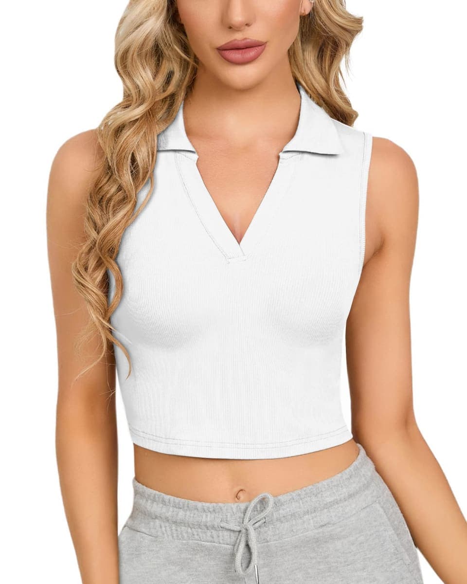 CLOZOZ Womens Tank Tops Polo Crop Top V Neck Ribbed Sleeveless Tops Collar Shirts Womens Crop Tops Polo Cropped Tank Trendy, White, S — image 1