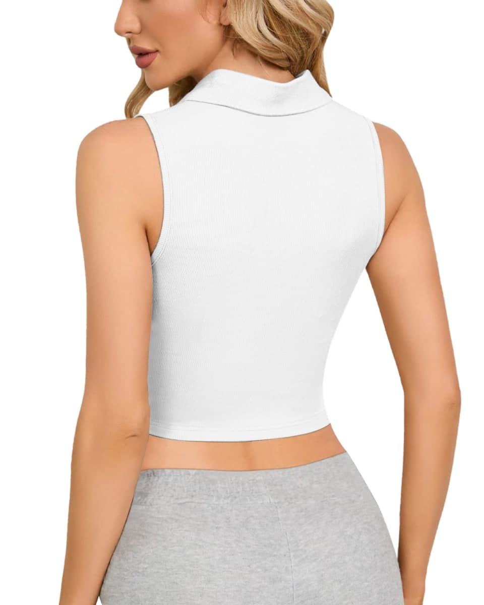 CLOZOZ Womens Tank Tops Polo Crop Top V Neck Ribbed Sleeveless Tops Collar Shirts Womens Crop Tops Polo Cropped Tank Trendy, White, S thumbnail 3