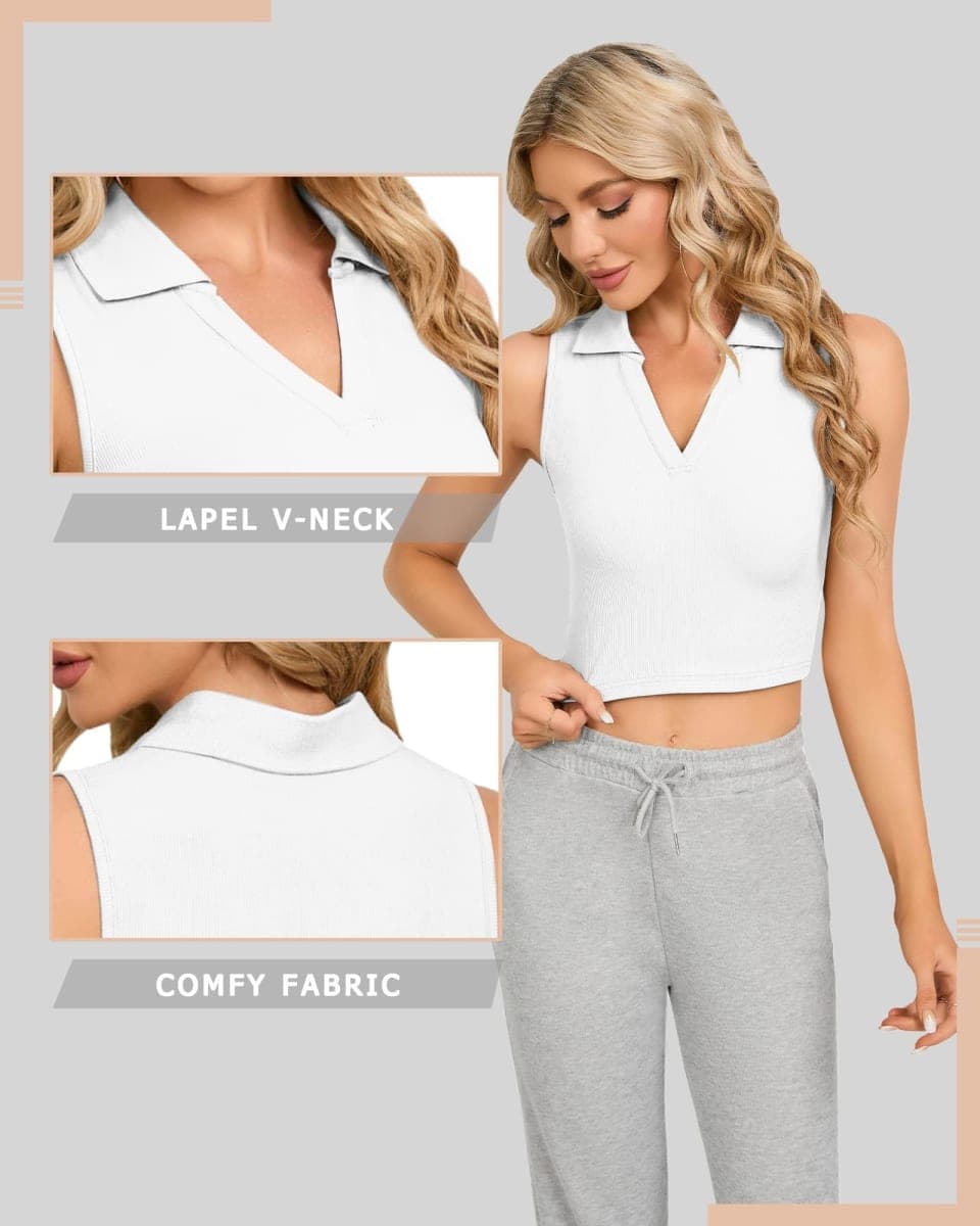 CLOZOZ Womens Tank Tops Polo Crop Top V Neck Ribbed Sleeveless Tops Collar Shirts Womens Crop Tops Polo Cropped Tank Trendy, White, S thumbnail 4