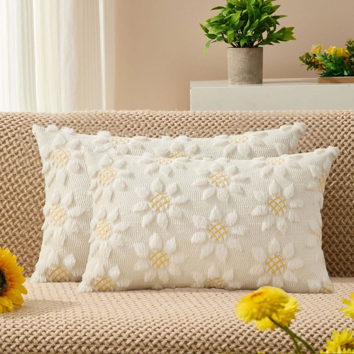DFXSZ Spring Summer Pillow Covers 12x20 inch Set of 2 Farmhouse Decor Yellow Color Flower Heart Sunflower Soft Plush Faux Fur Jacquard Throw Pillows for Sofa Holiday Spring Home Decor PTK024C12 — image 1