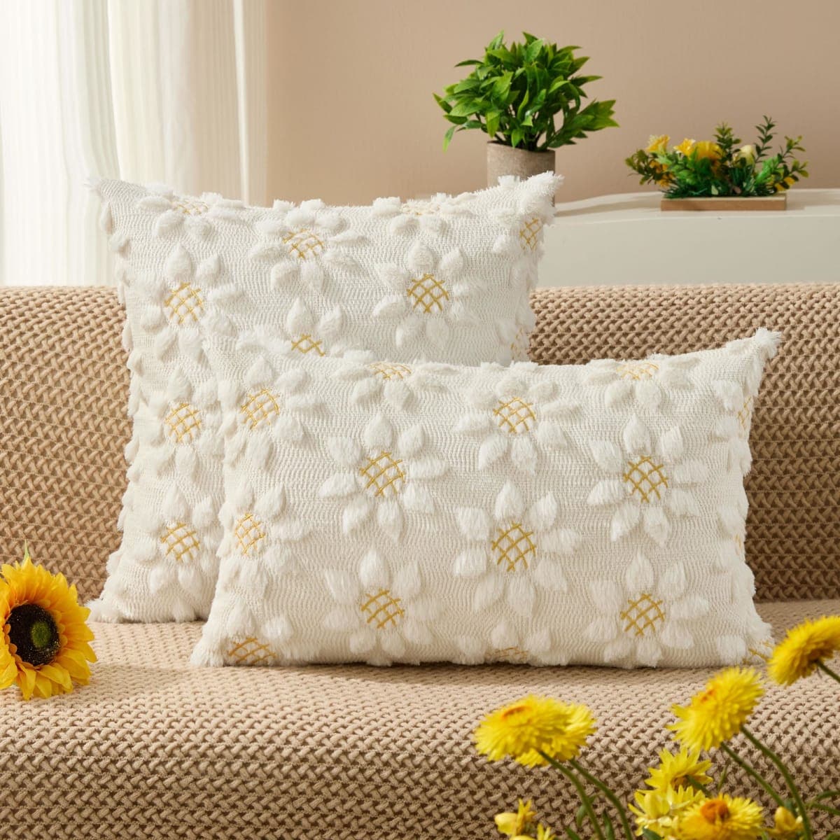 DFXSZ Spring Summer Pillow Covers 12x20 inch Set of 2 Farmhouse Decor Yellow Color Flower Heart Sunflower Soft Plush Faux Fur Jacquard Throw Pillows for Sofa Holiday Spring Home Decor PTK024C12 thumbnail 2