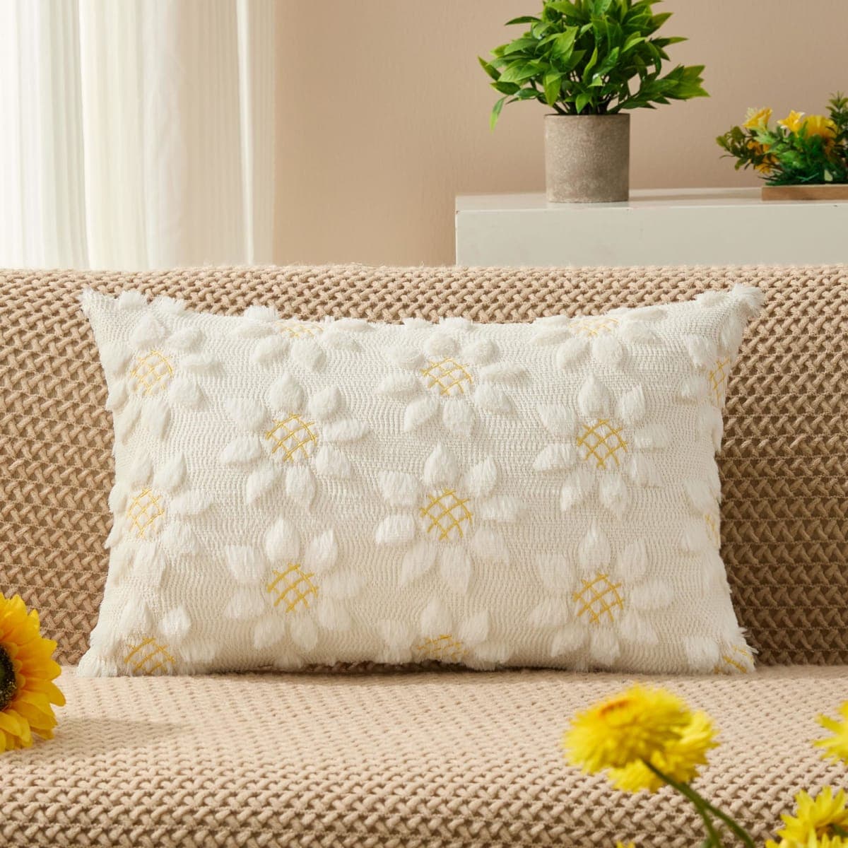 DFXSZ Spring Summer Pillow Covers 12x20 inch Set of 2 Farmhouse Decor Yellow Color Flower Heart Sunflower Soft Plush Faux Fur Jacquard Throw Pillows for Sofa Holiday Spring Home Decor PTK024C12 thumbnail 5