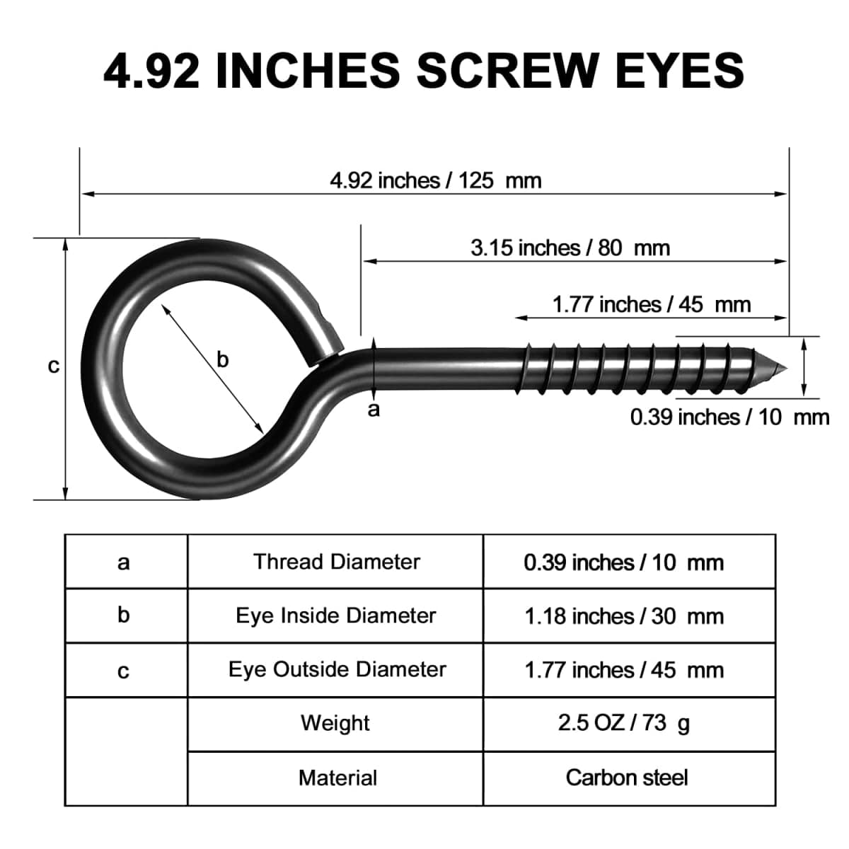 YGAOHF 5 Inch Eye Hooks Screw in Heavy Duty, 500 LBS Capacity, Large Stainless Steel Eye Hooks for Hanging, Black Eye Bolts for Indoor & Outdoor Heavy-Duty Applications thumbnail 3