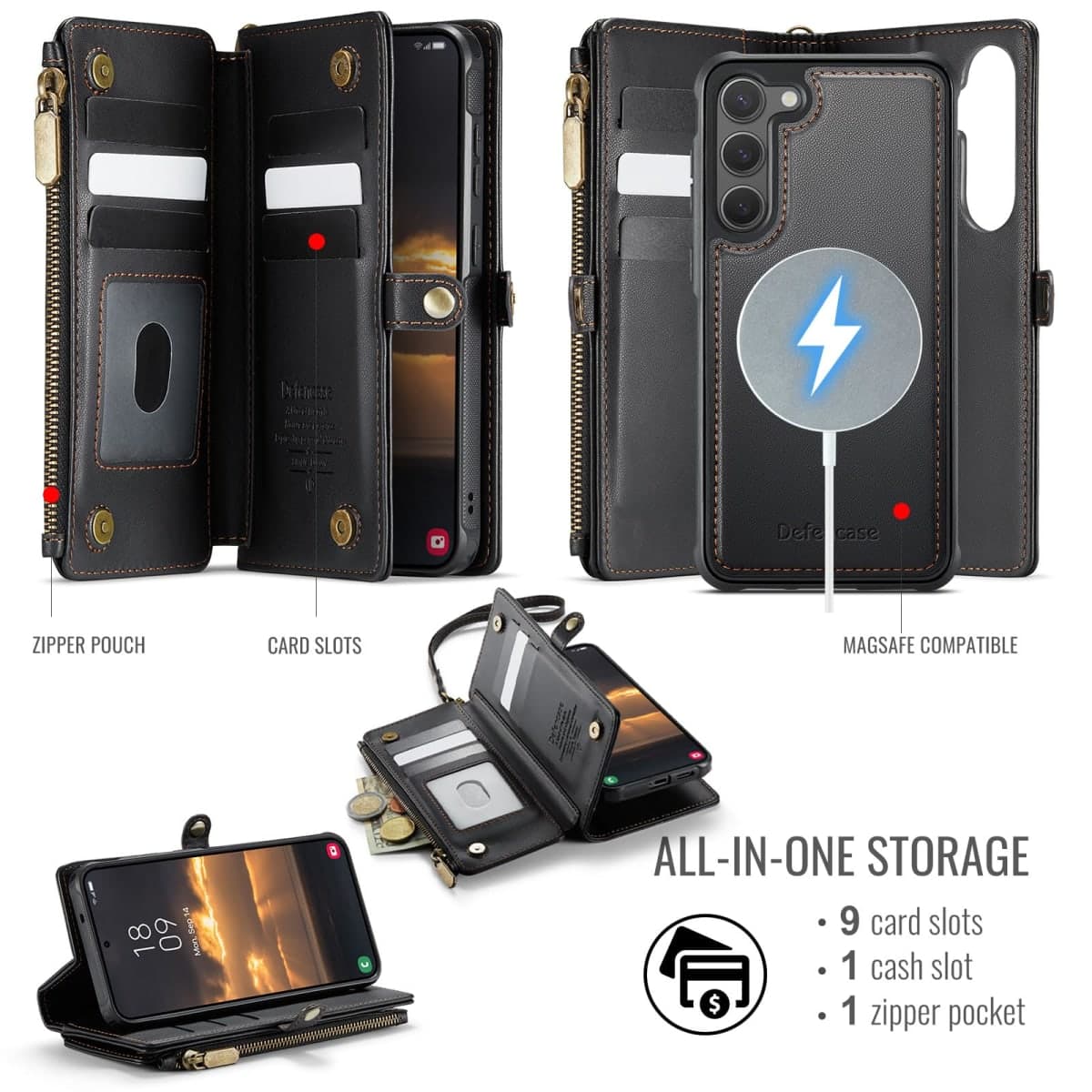 Defencase for Galaxy S23 Magnetic Wallet Case Compatible with Magsafe with RFID Blocking Zipper & Card Holder for Women Men, PU Leather Detachable Phone Case for Samsung Galaxy S23 5G 6.1", Black thumbnail 2